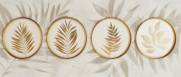 three oval gold framed pictures of leaves and leaves on a wall