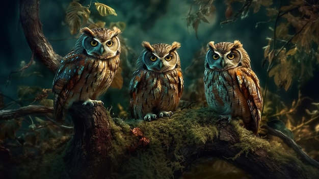 Three owls on a tree branch with green leaves and the words wise owl on the left.