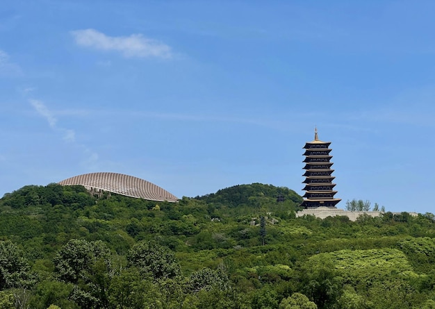 The three pagodas are visible in the distance.