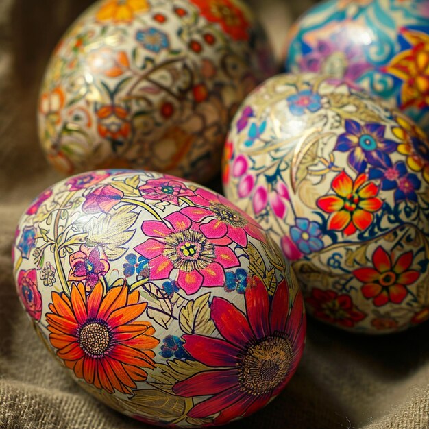 Photo three painted easter eggs sitting on a cloth covered surface generative ai