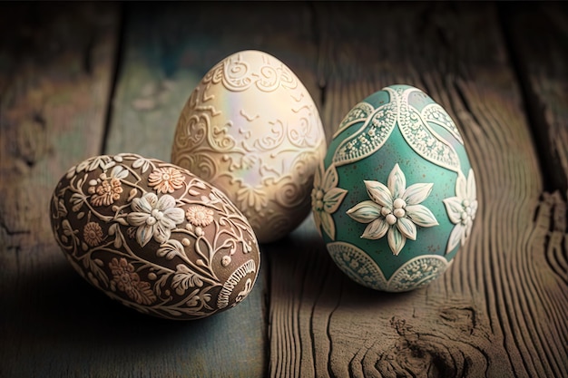 Три расписных пасхальных яйца на деревянной поверхности