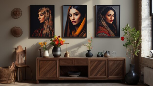 Three Paintings Adorn the Wall of a Living Room
