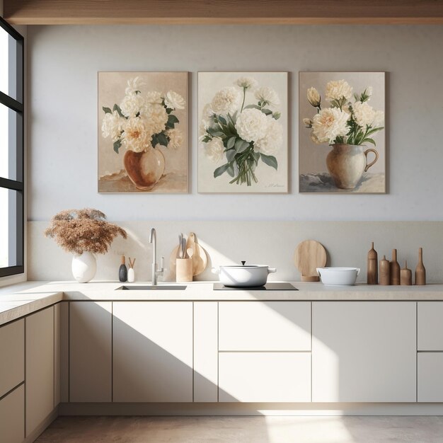 Three paintings of flowers hang on a wall in a kitchen.