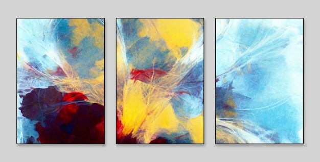 Three paintings on a wall, one of which is blue, one of which is blue and yellow.