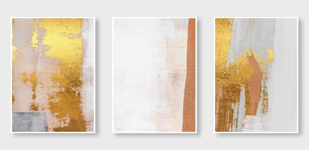 Three paintings on a wall with gold paint and gold paint.