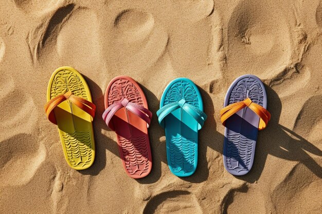 three pairs of colorful flip flops are lined up on the sand generative ai
