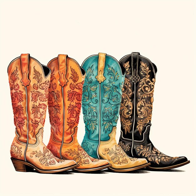 Photo three pairs of cowboy boots with floral designs on them generative ai