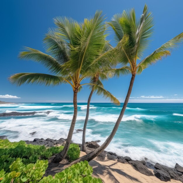 Photo three palm trees on a beach with a blue ocean and white waves crashing on the shore