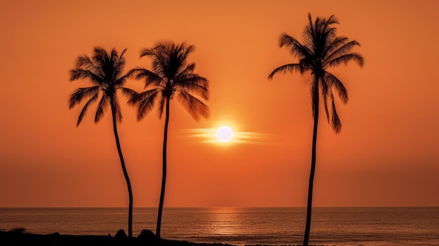 Three palm trees at sunset