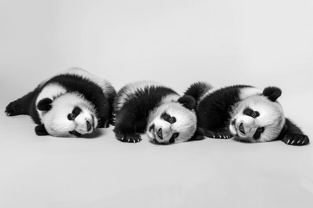 Photo three pandas black and white charm