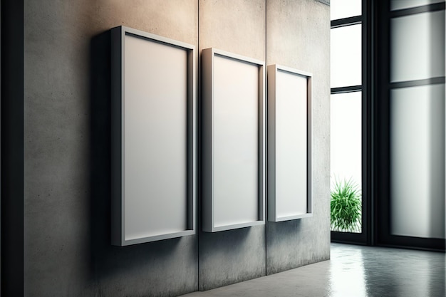 Three panels with blank billboard mockup on wall in spacious room