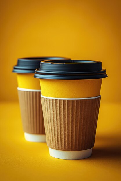 Three paper cups of coffee on a yellow background Closeup