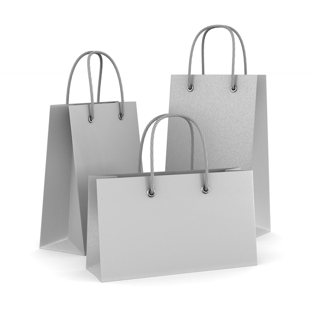 Three paper gift bags on white. Isolated 3D illustration