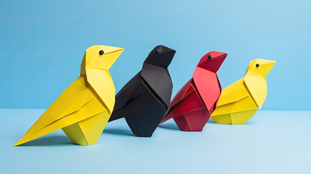 Three paper origami pigeons black yellow red in a dovish concept with Generative AI Technology