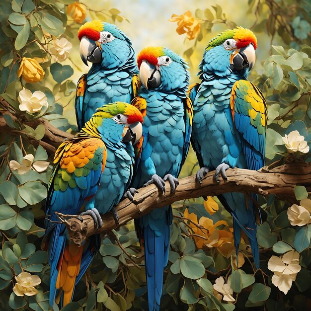 Three parrots of varying hues perched on a sundappled branch the blue one standing Ai Generated