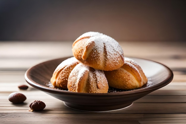 Three pastries in a bowl with almonds on the top