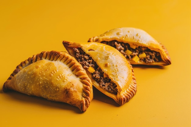 Photo three pastries on yellow surface