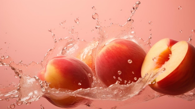 Three peaches are being splashed with water in a peach fuzz pink background ai