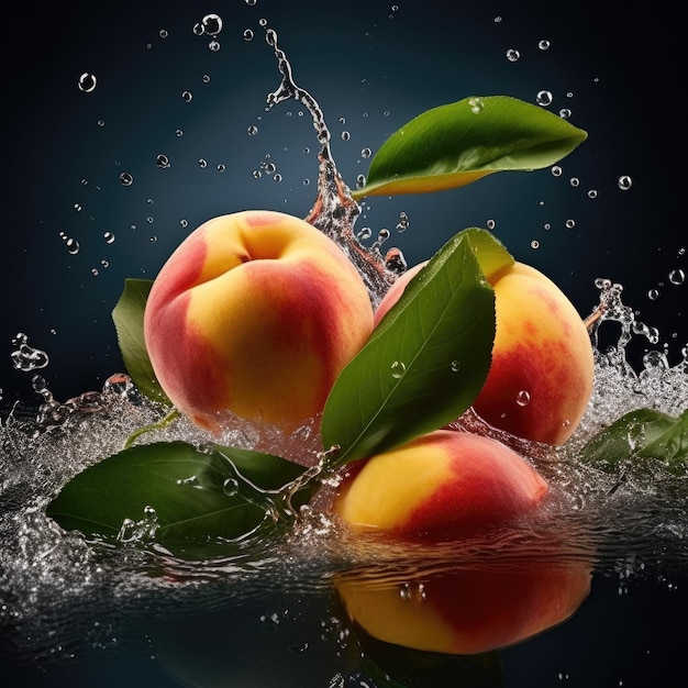 Three peaches are in water and the leaves are green.