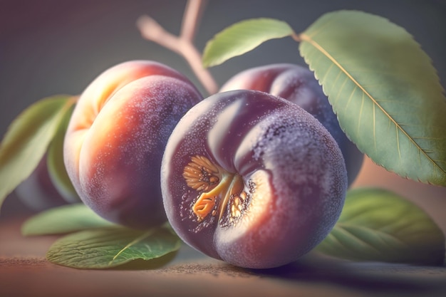 Three peaches with leaves on a wooden table