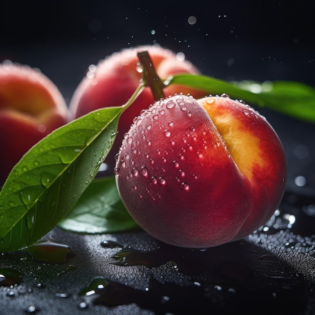 Three peaches with water droplets on them and one has a leaf on it.