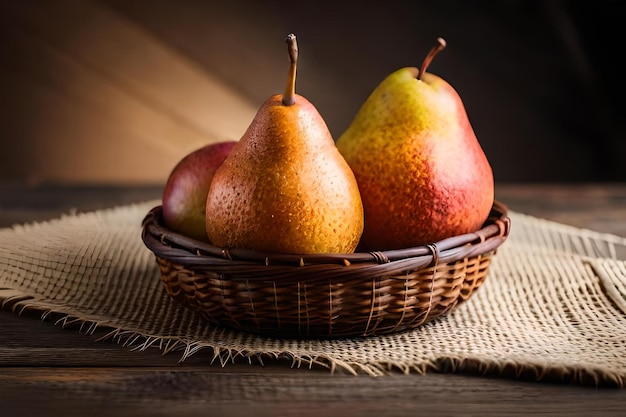 Three pears in a basket with a brown cloth on the table.