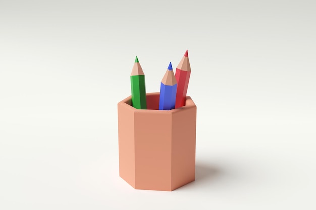 사진 3d 렌더링 디자인의 세 가지 연필 색상입니다.