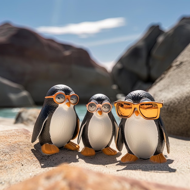 3匹のペンギンとオレンジ色のサングラスがビーチにいます