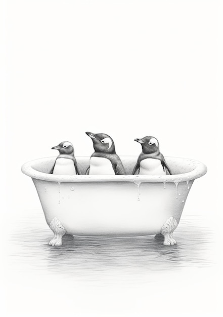 Three penguins in a bathtub with a white background generative ai