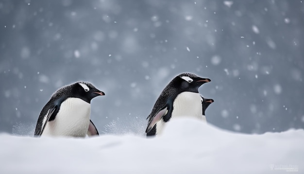 Three penguins in the snow