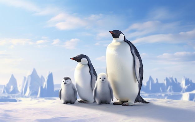 Photo three penguins standing in the snow with a mountain in the background