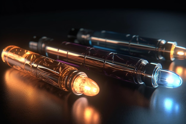 Three pens on a dark table with a lit up light on the left.