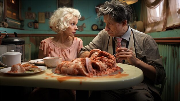 写真 three pensioners are sitting at the table and looking at the glass jars with medicine