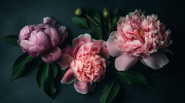 Three peonies on a dark background with green leaves.