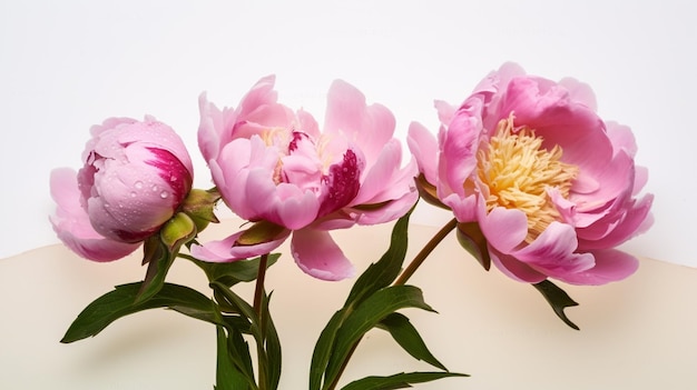 Three peonies on a white background