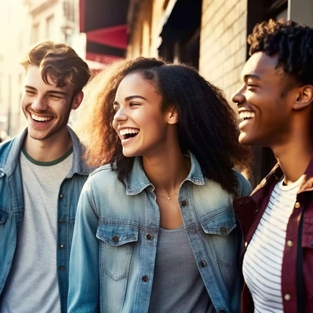 Three people are laughing and laughing on a street.