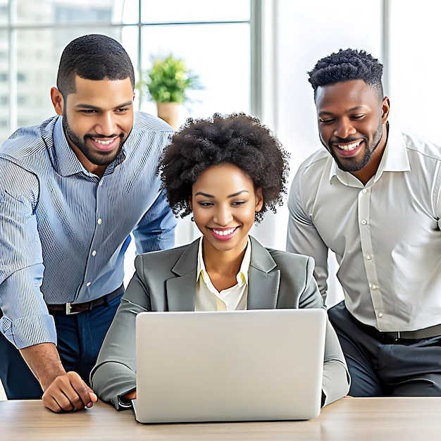 Photo three people are looking at a laptop