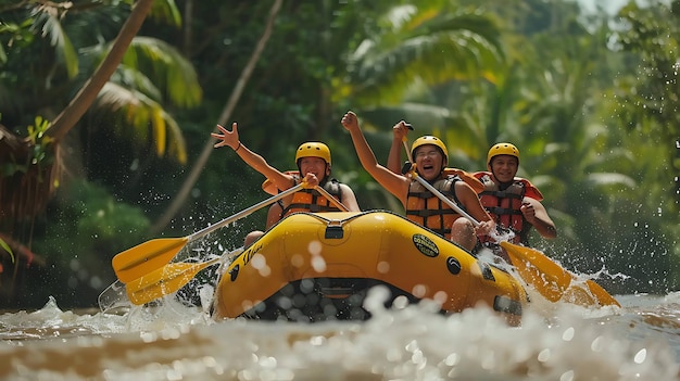 Three people are rafting down a river They are all wearing life jackets and helmets The water is splashing over the sides of the raft