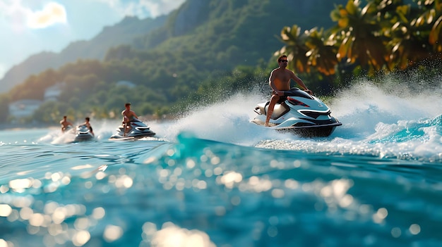 Three people are riding jet skis in the ocean They are all wearing life jackets and having a great time