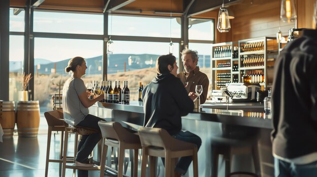 Foto tre persone sono sedute in un bar in una cantina stanno parlando e ridendo e godendo il vino che stanno bevendo