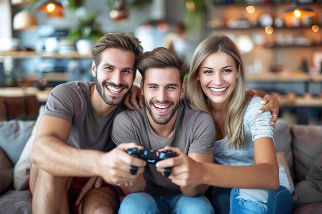 Three people are sitting on a couch playing a video game together