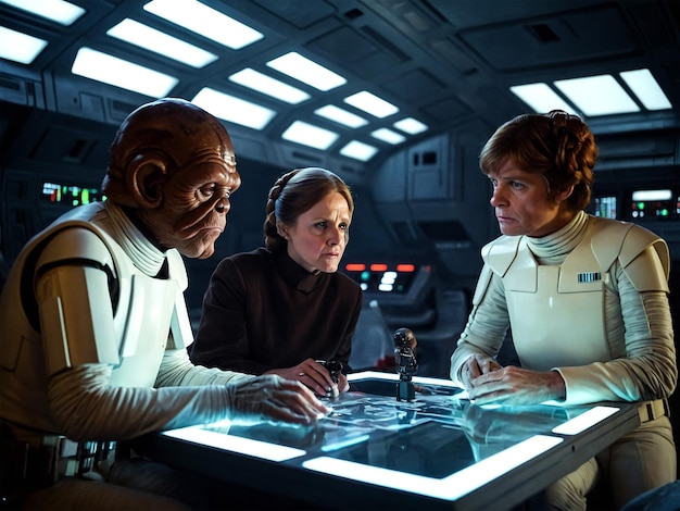 three people are sitting in a space ship with a table that has a table that says quot space quot on