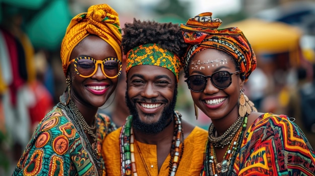 Three people are smiling and wearing colorful clothes ai