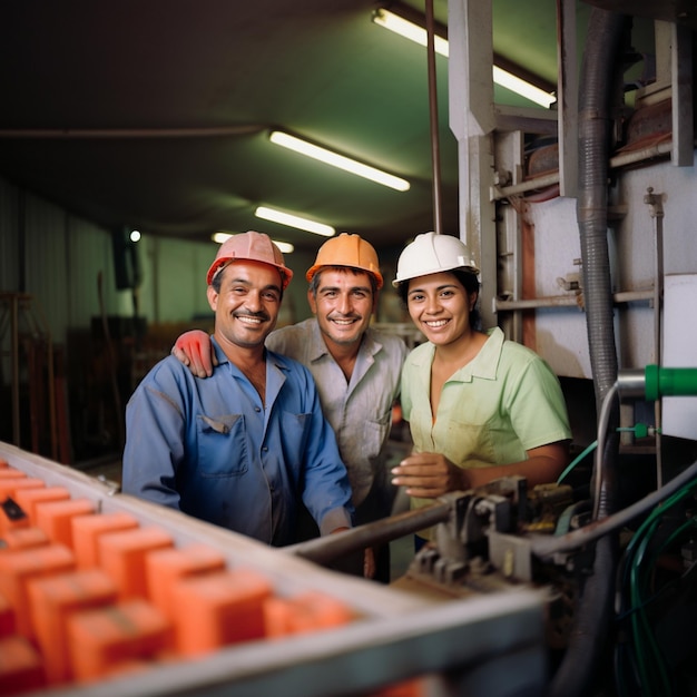 Photo three people are smiling and wearing hard hats, one has a green shirt that says 
