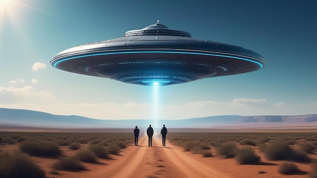 Three people are standing in the desert under a huge flying saucer