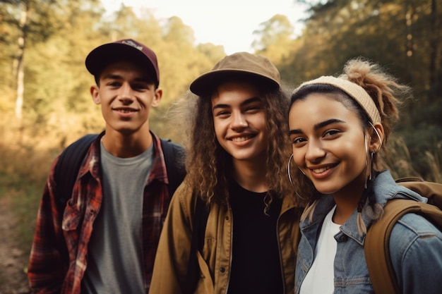 Three people are standing together in a park, one of them has a hat on.