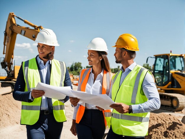 three people are walking with a construction worker