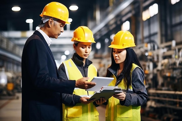 three people are working in a factory with a tablet and a man reading a book