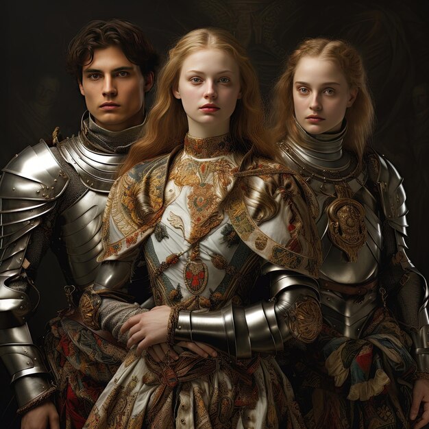 Photo three people in armor with one wearing a gold and silver outfit