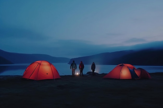 Three people in a camp with two orange tents at night next to a lake between mountains